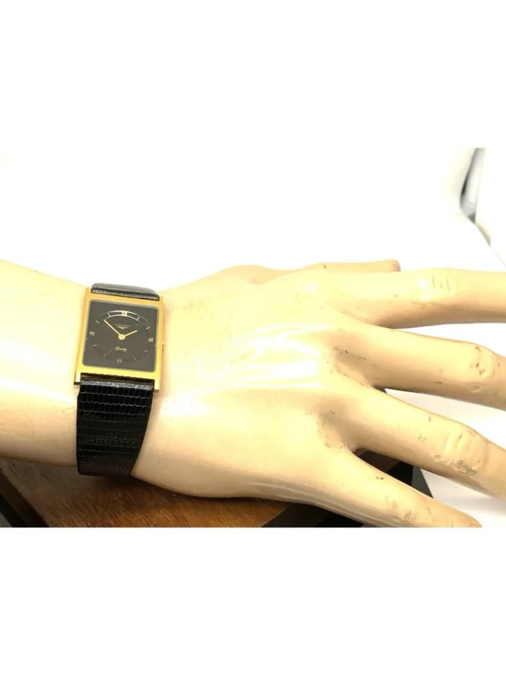 Longines Men's Watch Vintage Swiss Quartz Black Dial Gold Tone Case Tank Leather
